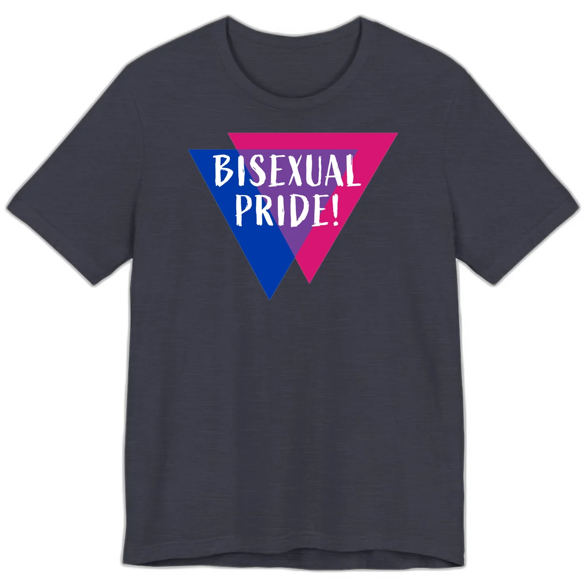 Bisexual pride flag triangle with blue, purple, and magenta sections and white text reading BISEXUAL PRIDE! in Heather Midnight Navy