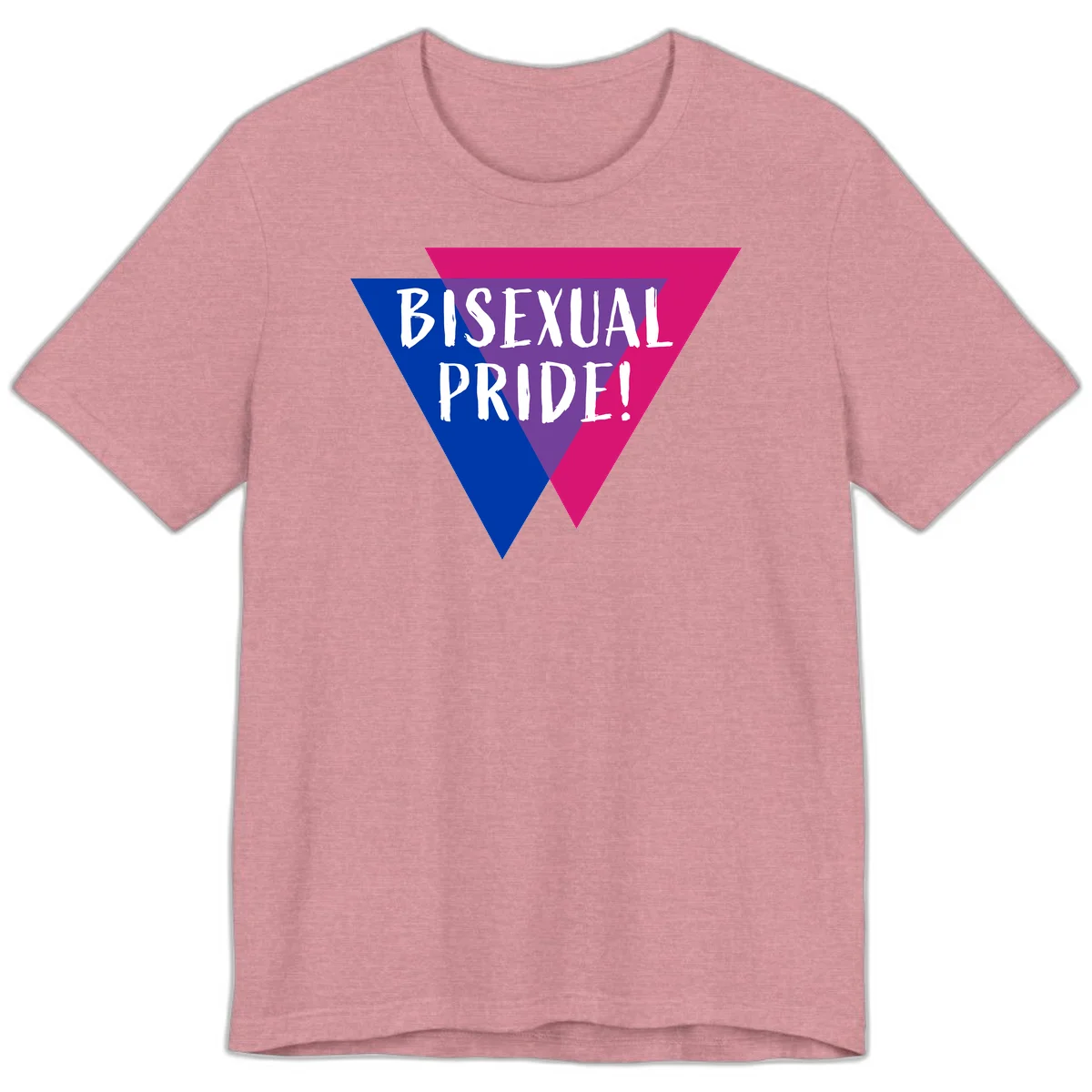 Bisexual pride flag triangle with blue, purple, and magenta sections and white text reading BISEXUAL PRIDE! in Heather Orchid
