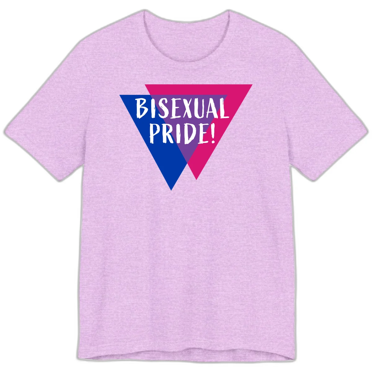 Bisexual pride flag triangle with blue, purple, and magenta sections and white text reading BISEXUAL PRIDE! in Heather Prism Lilac