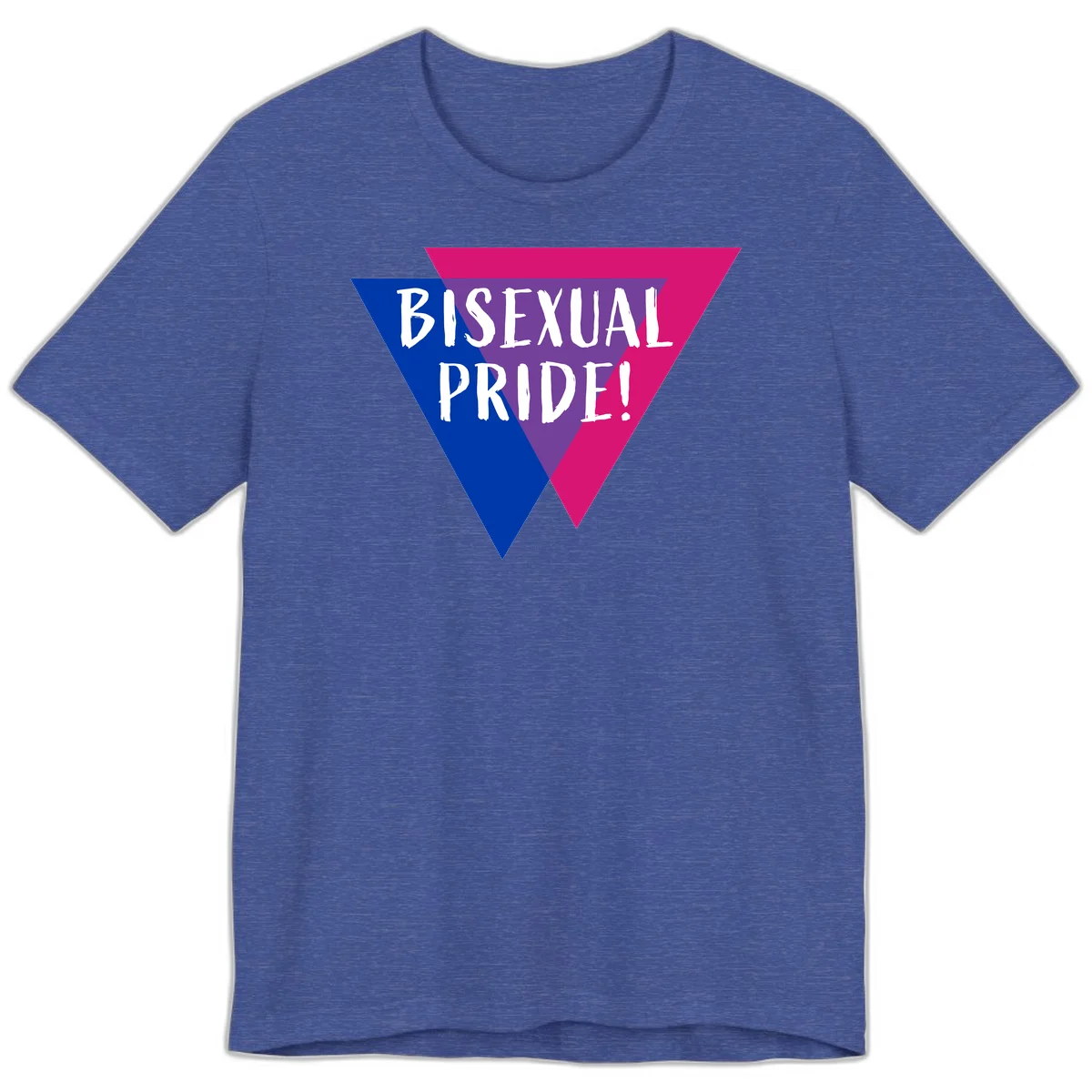 Bisexual pride flag triangle with blue, purple, and magenta sections and white text reading BISEXUAL PRIDE! in Heather True Royal
