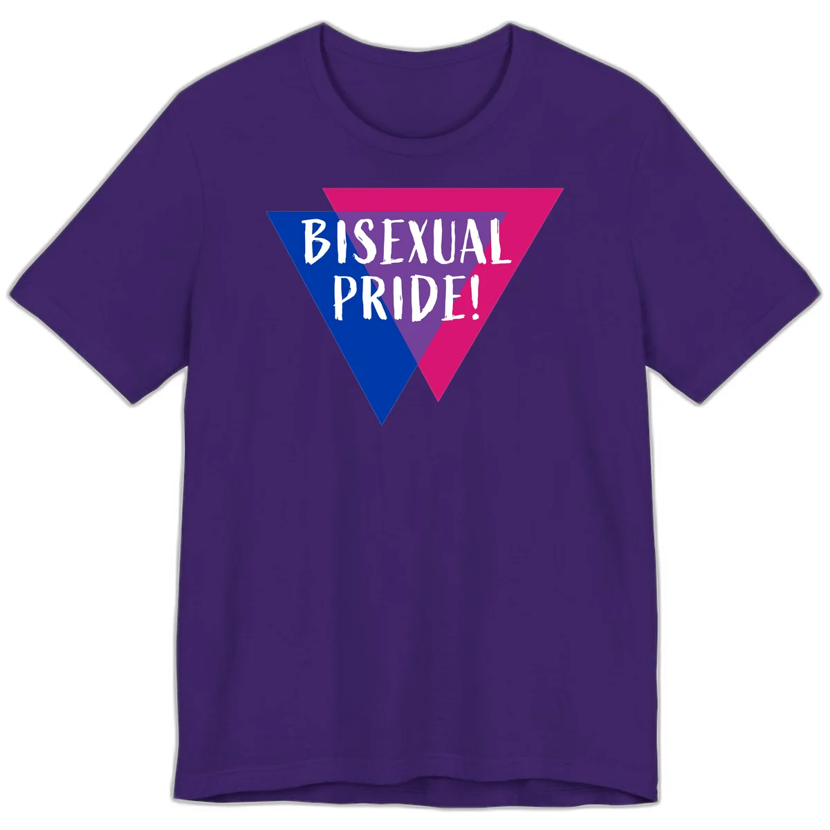 Bisexual pride flag triangle with blue, purple, and magenta sections and white text reading BISEXUAL PRIDE! in Team Purple