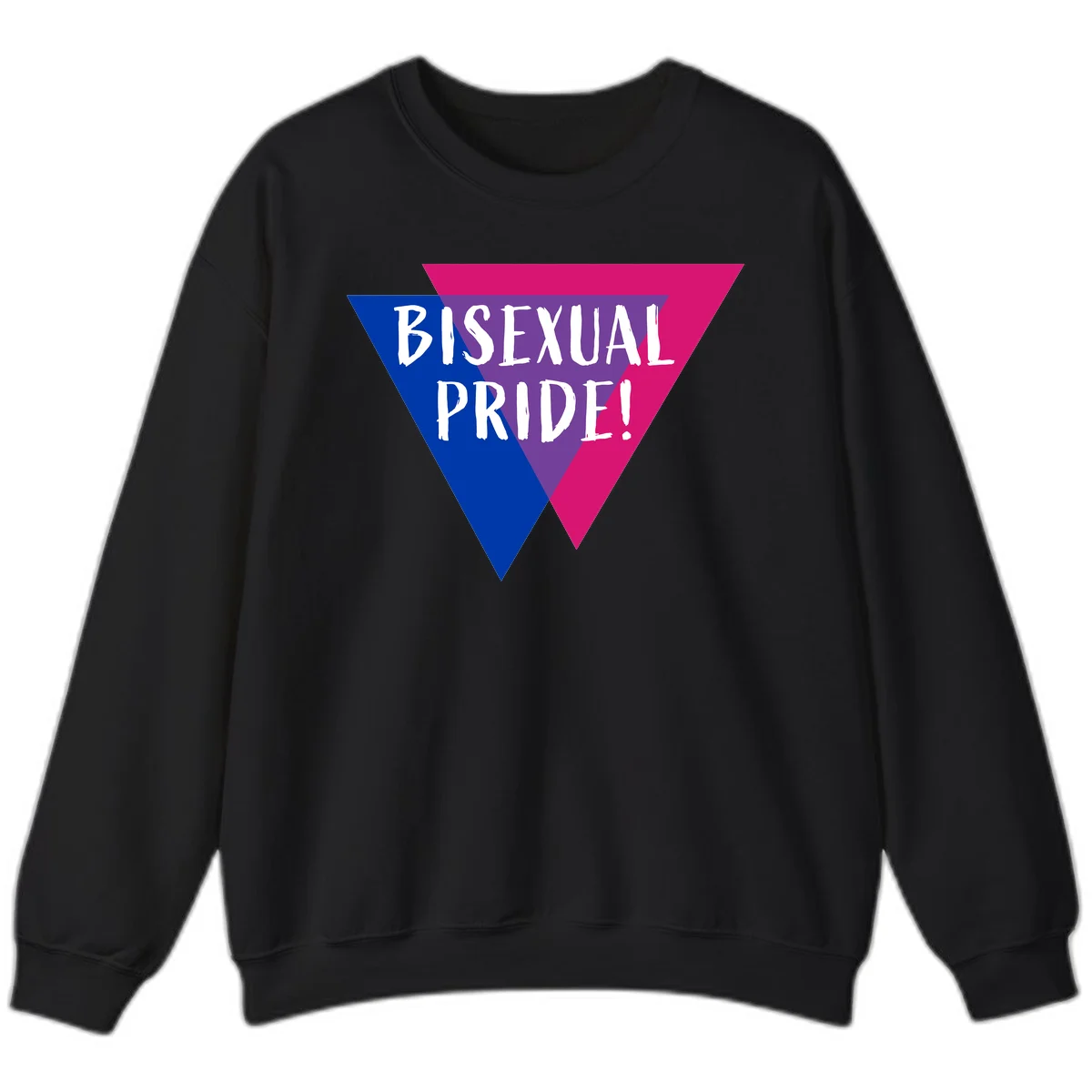 Bisexual pride flag triangle with blue, purple, and magenta sections and white text reading BISEXUAL PRIDE! in Black