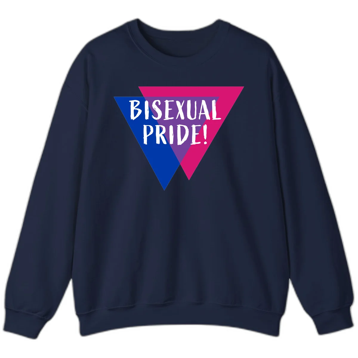 Bisexual pride flag triangle with blue, purple, and magenta sections and white text reading BISEXUAL PRIDE! in Navy