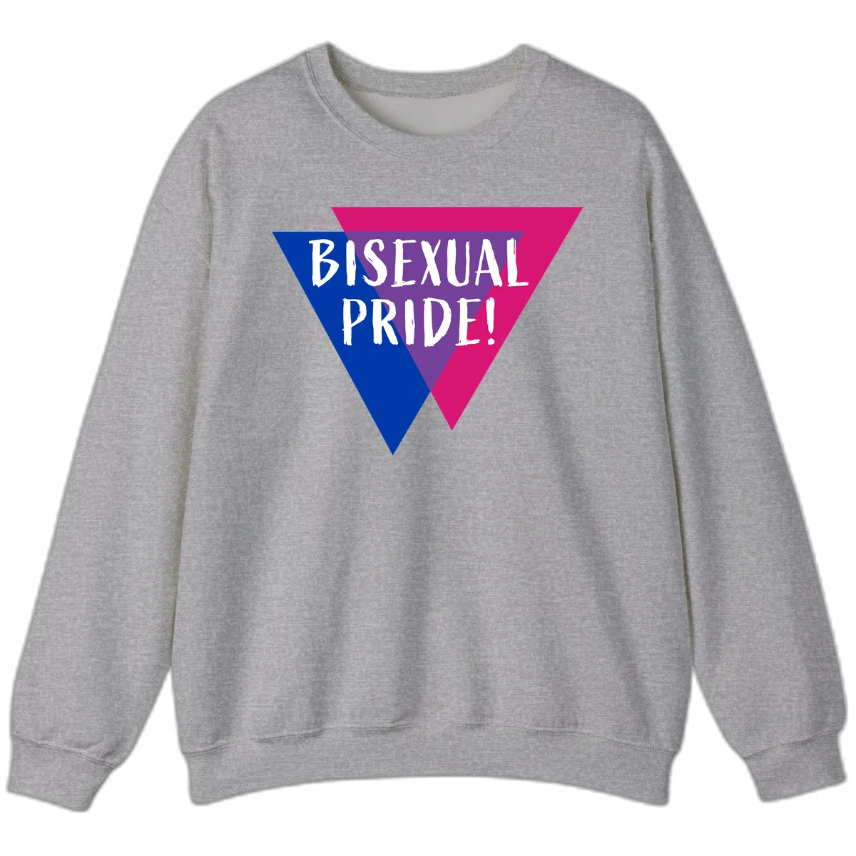 Bisexual pride flag triangle with blue, purple, and magenta sections and white text reading BISEXUAL PRIDE! in Sport Grey