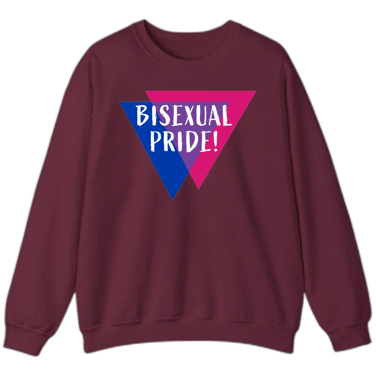 Bisexual pride flag triangle with blue, purple, and magenta sections and white text reading BISEXUAL PRIDE! in Maroon