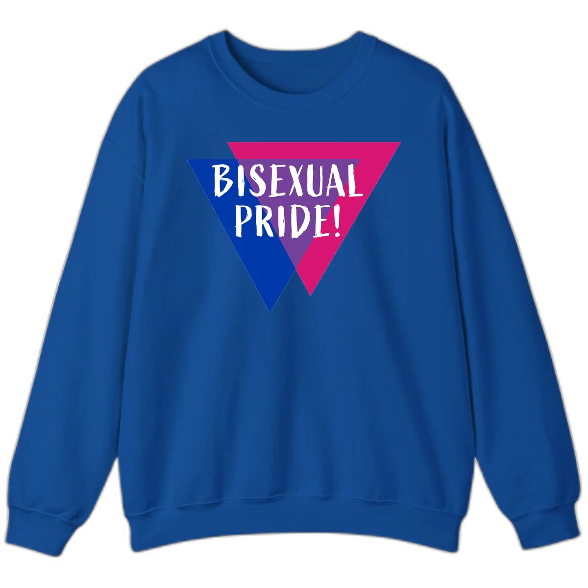 Bisexual pride flag triangle with blue, purple, and magenta sections and white text reading BISEXUAL PRIDE! in Royal