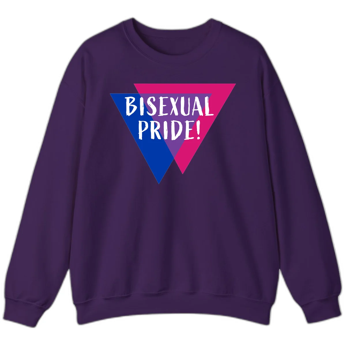 Bisexual pride flag triangle with blue, purple, and magenta sections and white text reading BISEXUAL PRIDE! in Purple