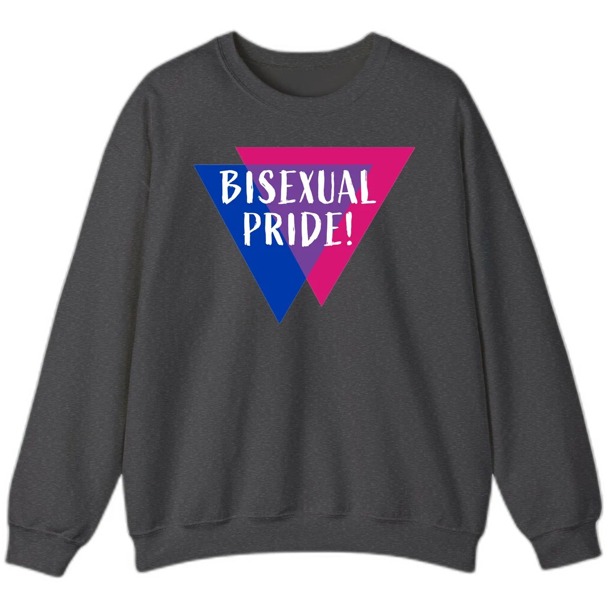 Bisexual pride flag triangle with blue, purple, and magenta sections and white text reading BISEXUAL PRIDE! in Dark Heather