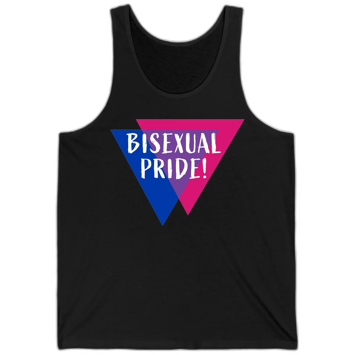 Bisexual pride flag triangle with blue, purple, and magenta sections and white text reading BISEXUAL PRIDE! in Black