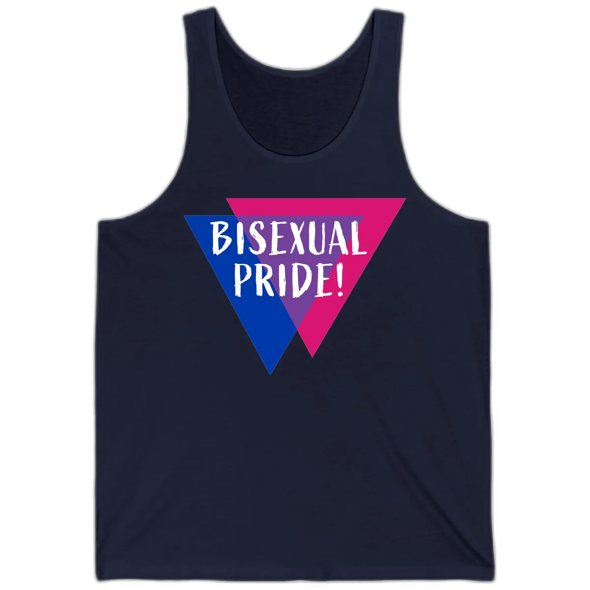 Bisexual pride flag triangle with blue, purple, and magenta sections and white text reading BISEXUAL PRIDE! in Navy