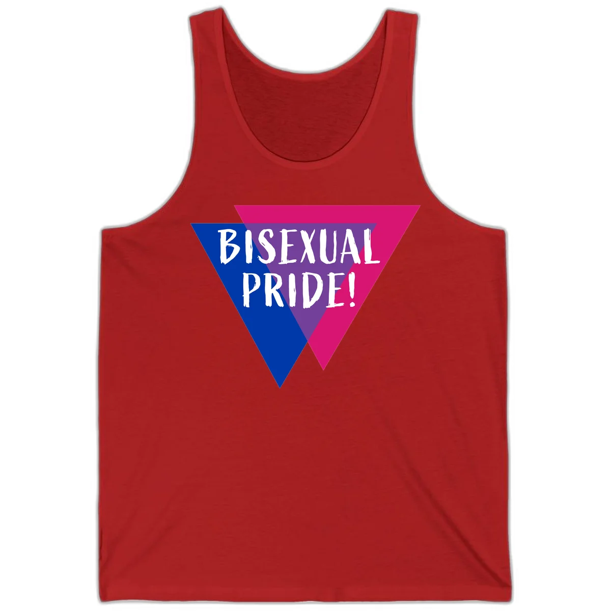 Bisexual pride flag triangle with blue, purple, and magenta sections and white text reading BISEXUAL PRIDE! in Red