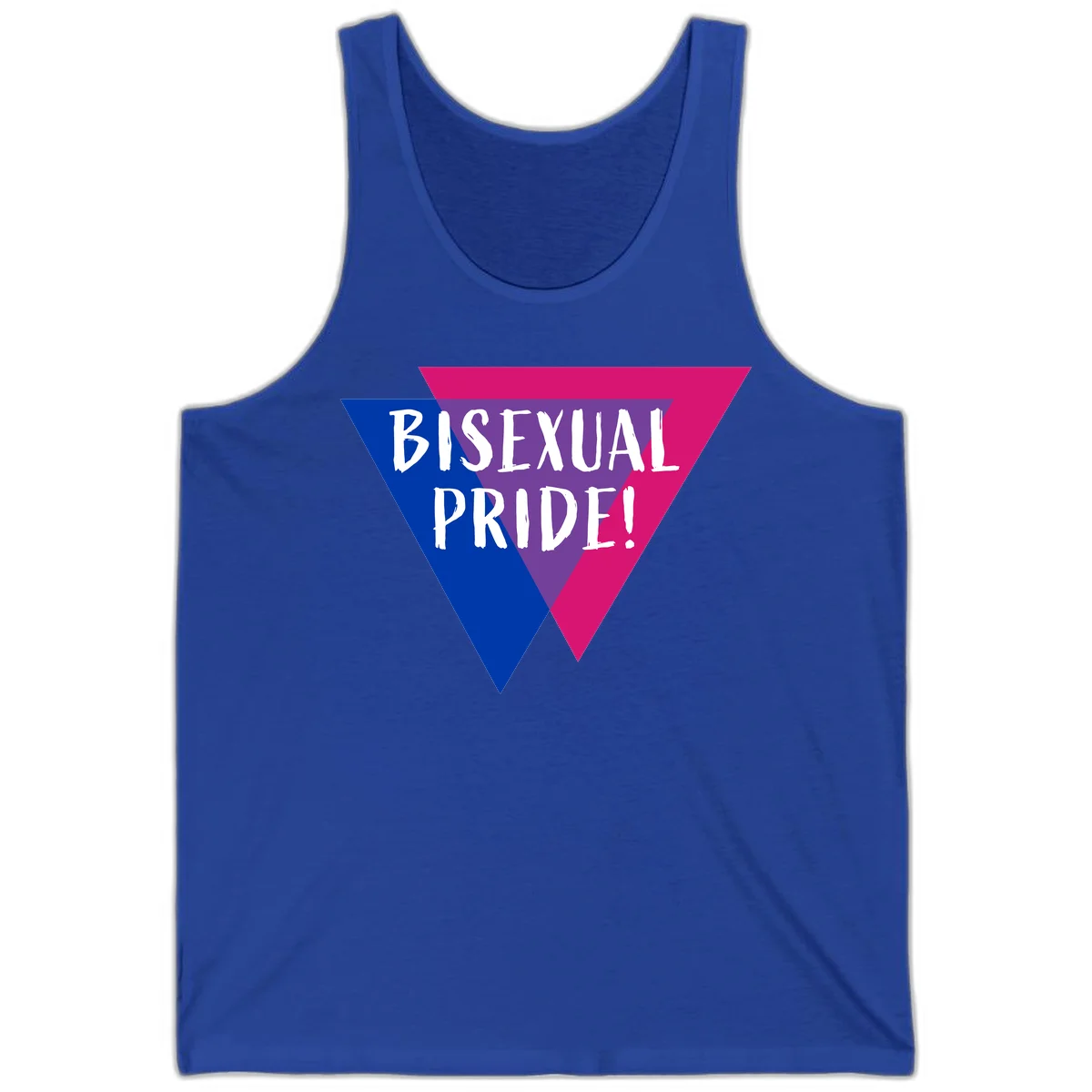 Bisexual pride flag triangle with blue, purple, and magenta sections and white text reading BISEXUAL PRIDE! in True Royal