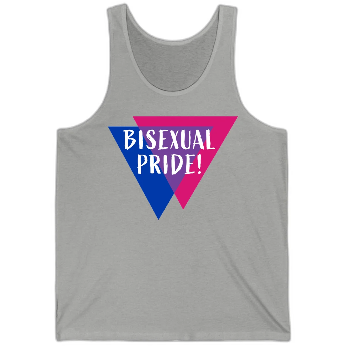 Bisexual pride flag triangle with blue, purple, and magenta sections and white text reading BISEXUAL PRIDE! in Athletic Heather
