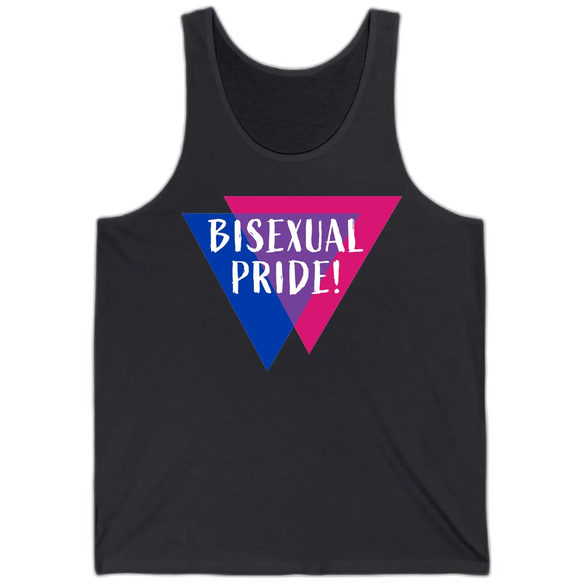 Bisexual pride flag triangle with blue, purple, and magenta sections and white text reading BISEXUAL PRIDE! in Dark Grey
