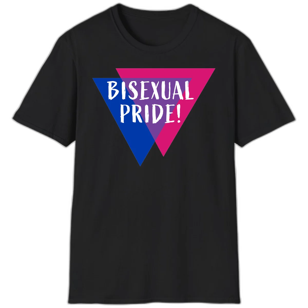 Bisexual pride flag triangle with blue, purple, and magenta sections and white text reading BISEXUAL PRIDE! in Black