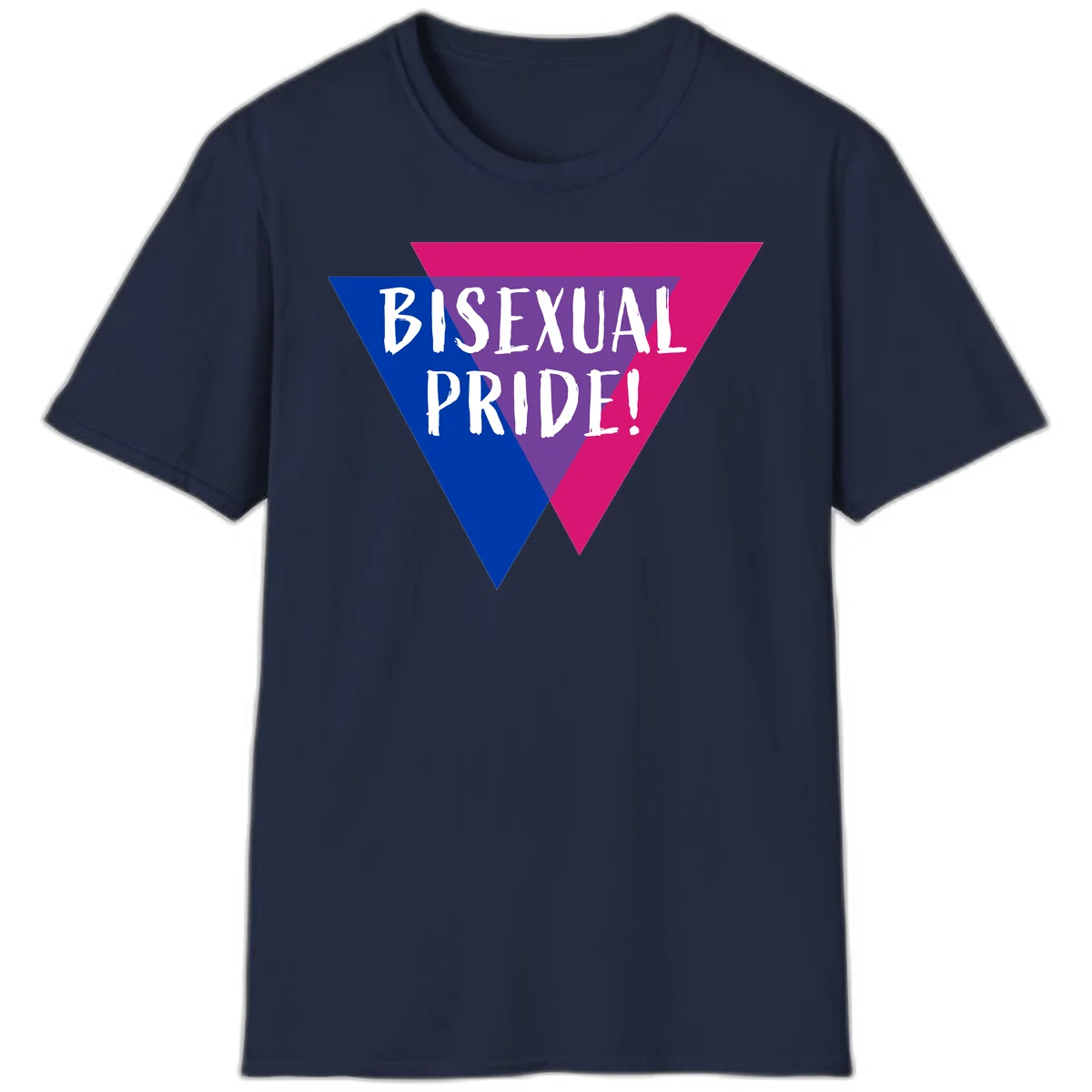 Bisexual pride flag triangle with blue, purple, and magenta sections and white text reading BISEXUAL PRIDE! in Navy