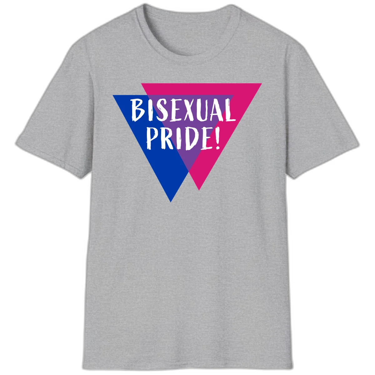 Bisexual pride flag triangle with blue, purple, and magenta sections and white text reading BISEXUAL PRIDE! in Sport Grey