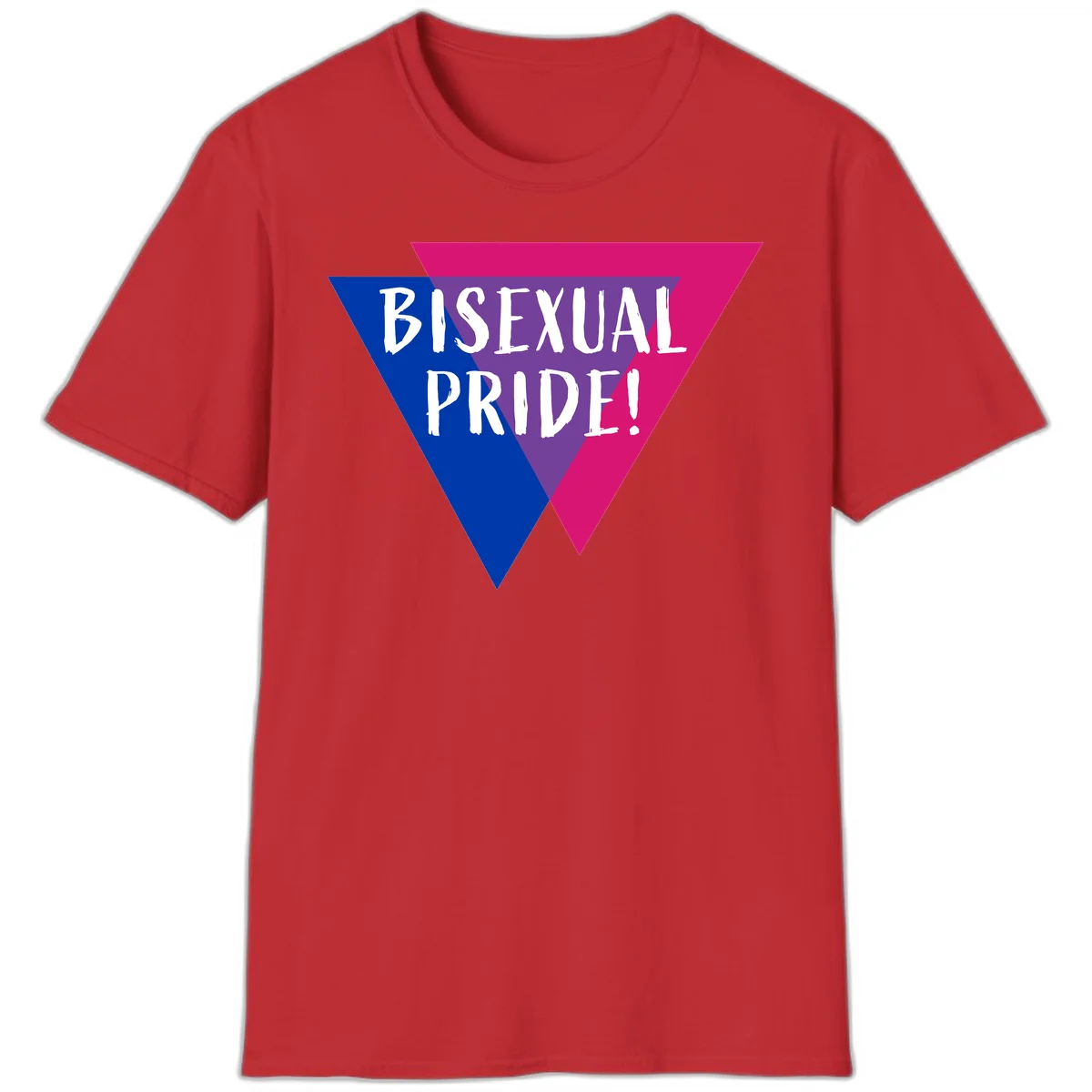 Bisexual pride flag triangle with blue, purple, and magenta sections and white text reading BISEXUAL PRIDE! in Red