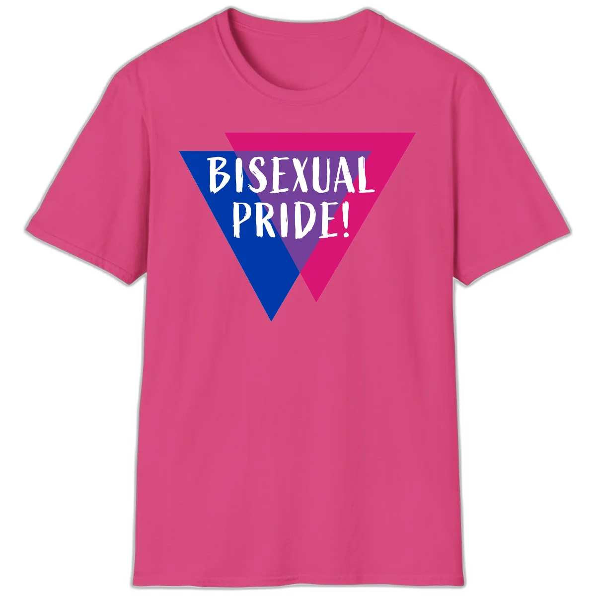 Bisexual pride flag triangle with blue, purple, and magenta sections and white text reading BISEXUAL PRIDE! in Heliconia