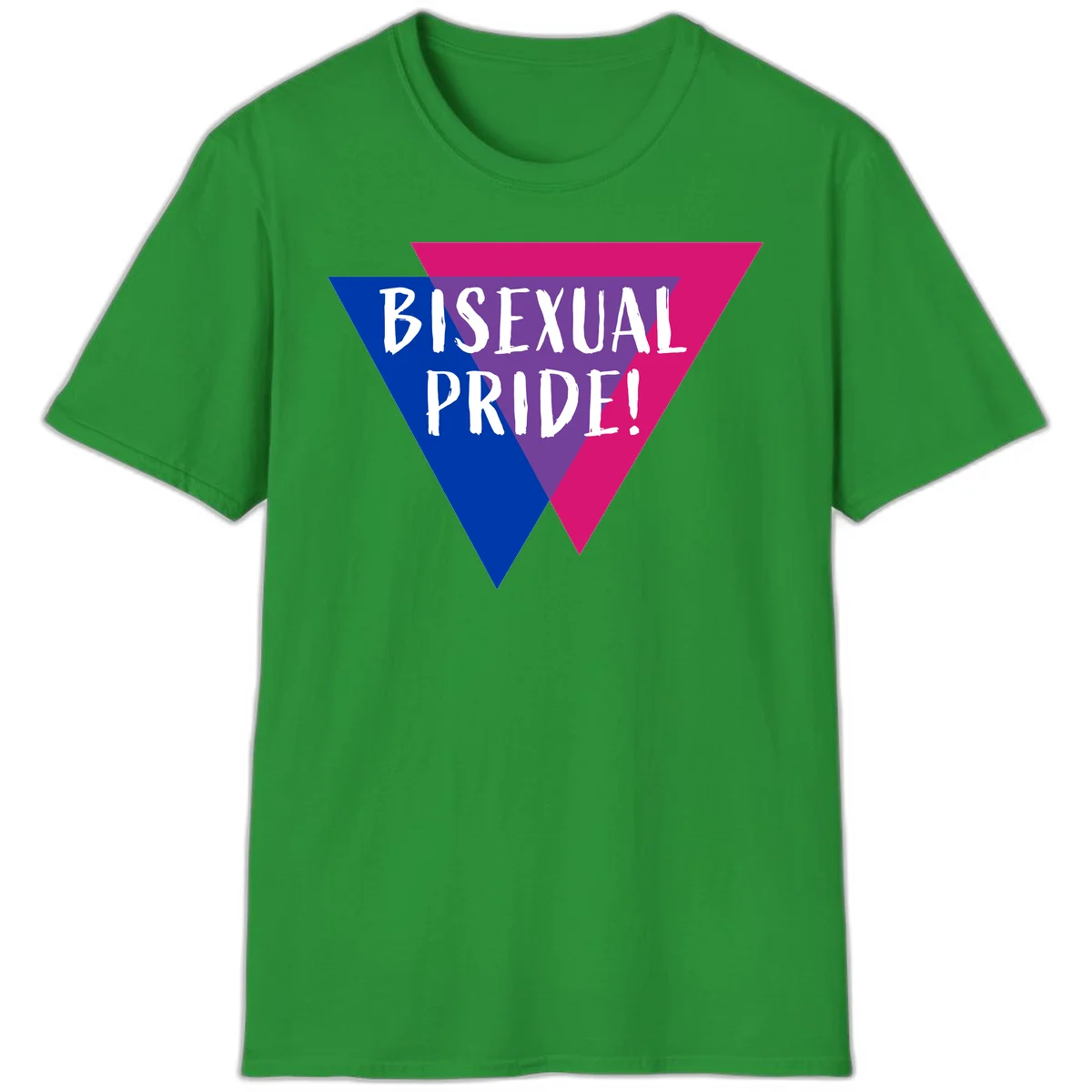Bisexual pride flag triangle with blue, purple, and magenta sections and white text reading BISEXUAL PRIDE! in Irish Green