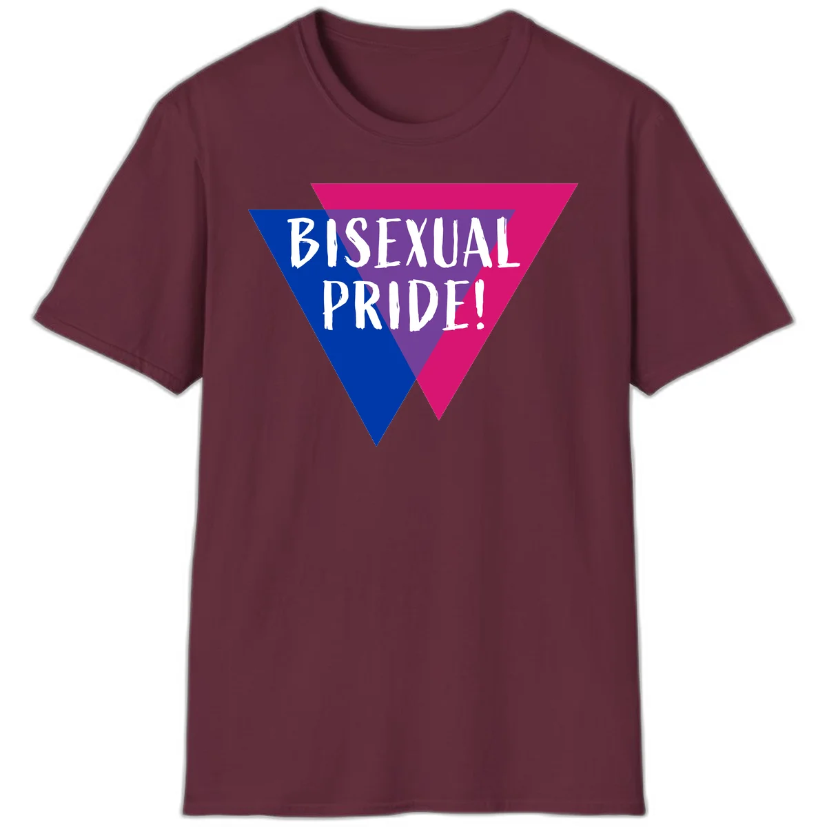 Bisexual pride flag triangle with blue, purple, and magenta sections and white text reading BISEXUAL PRIDE! in Maroon