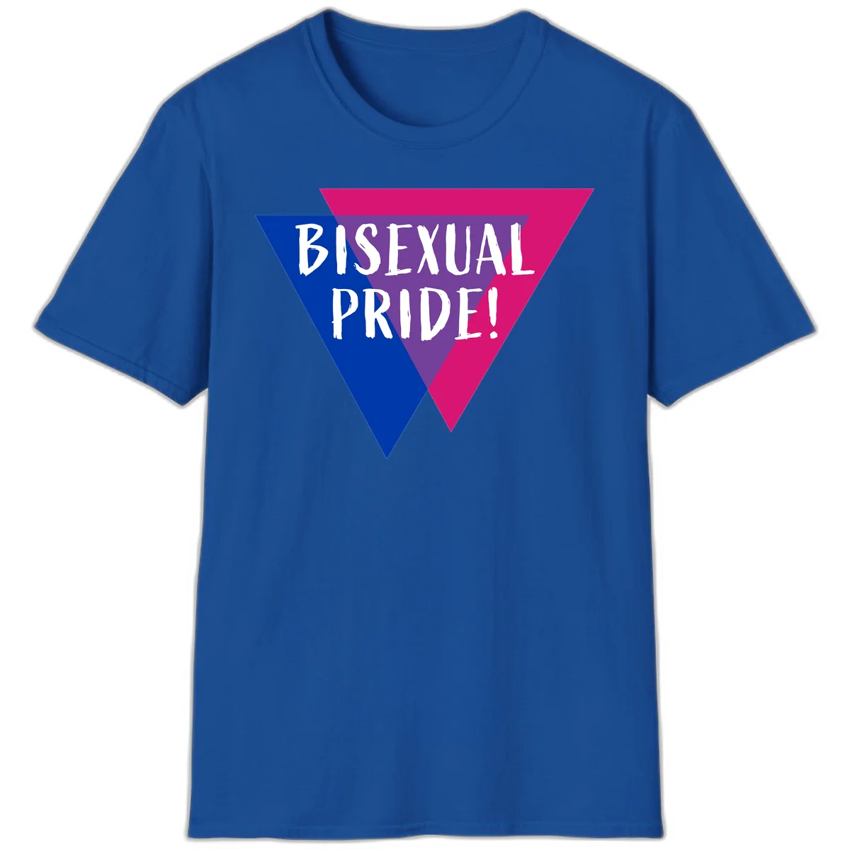 Bisexual pride flag triangle with blue, purple, and magenta sections and white text reading BISEXUAL PRIDE! in Royal