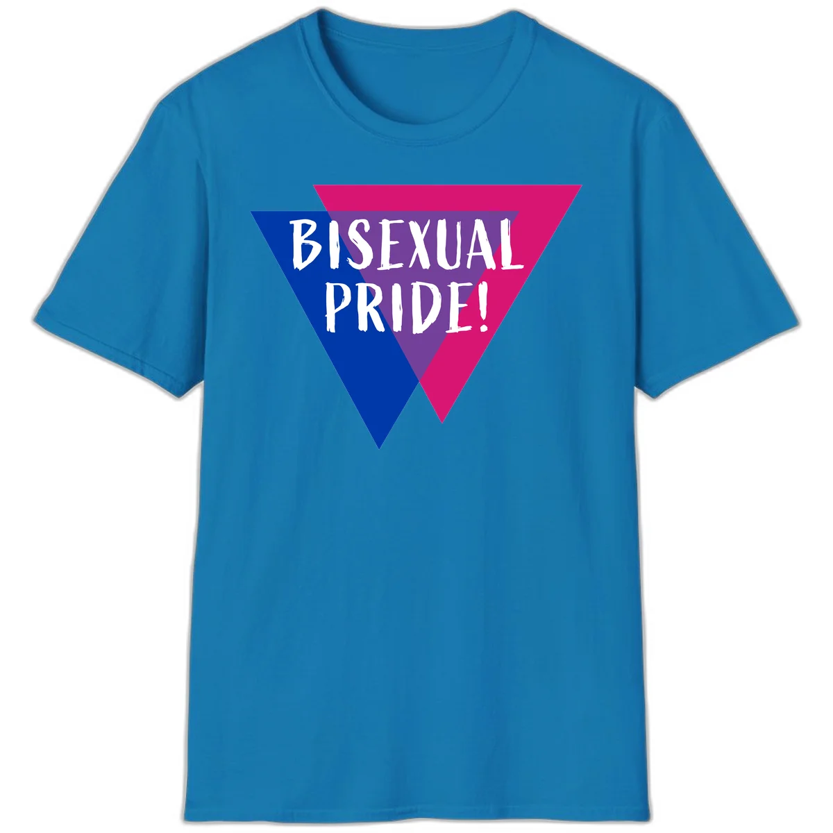 Bisexual pride flag triangle with blue, purple, and magenta sections and white text reading BISEXUAL PRIDE! in Sapphire
