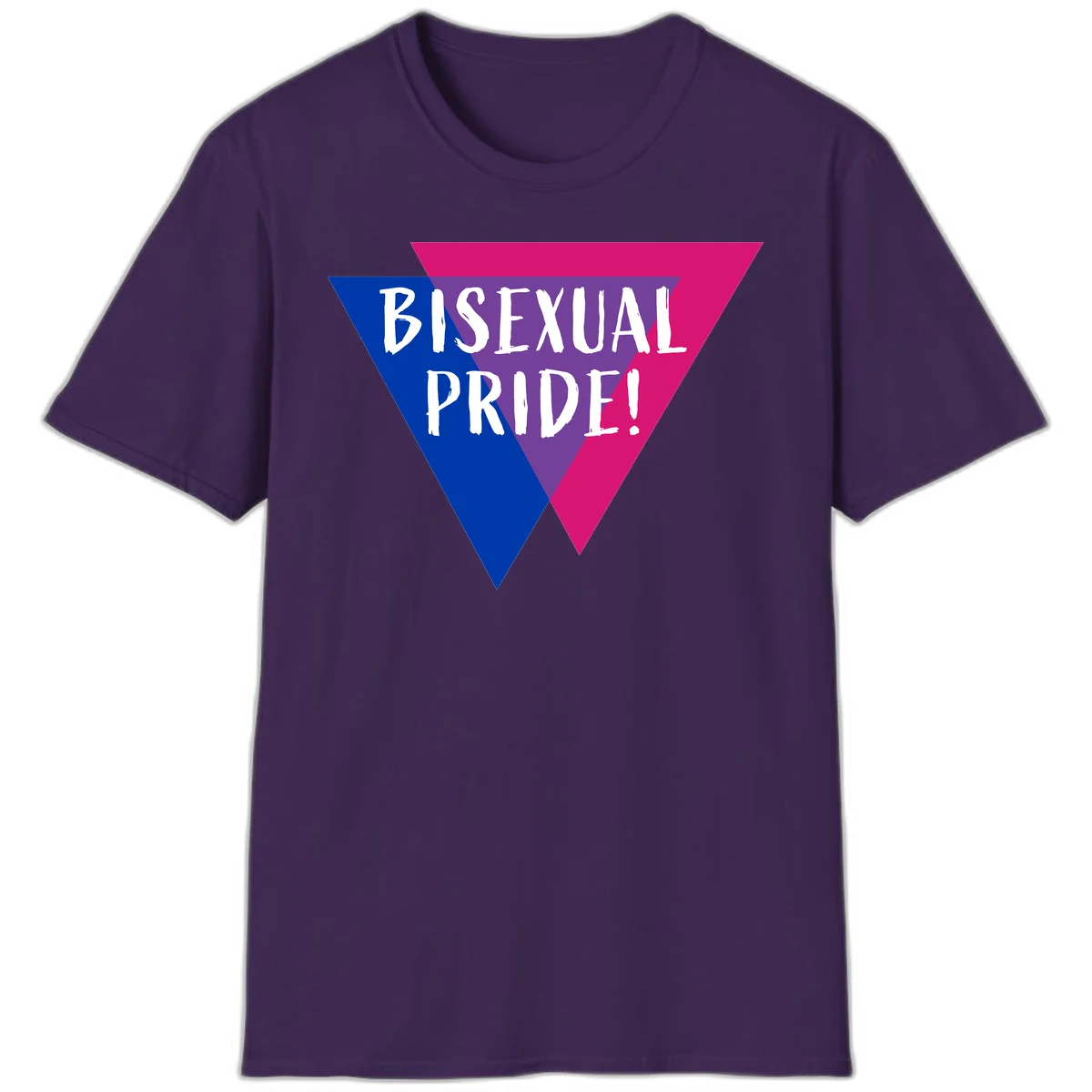 Bisexual pride flag triangle with blue, purple, and magenta sections and white text reading BISEXUAL PRIDE! in Purple