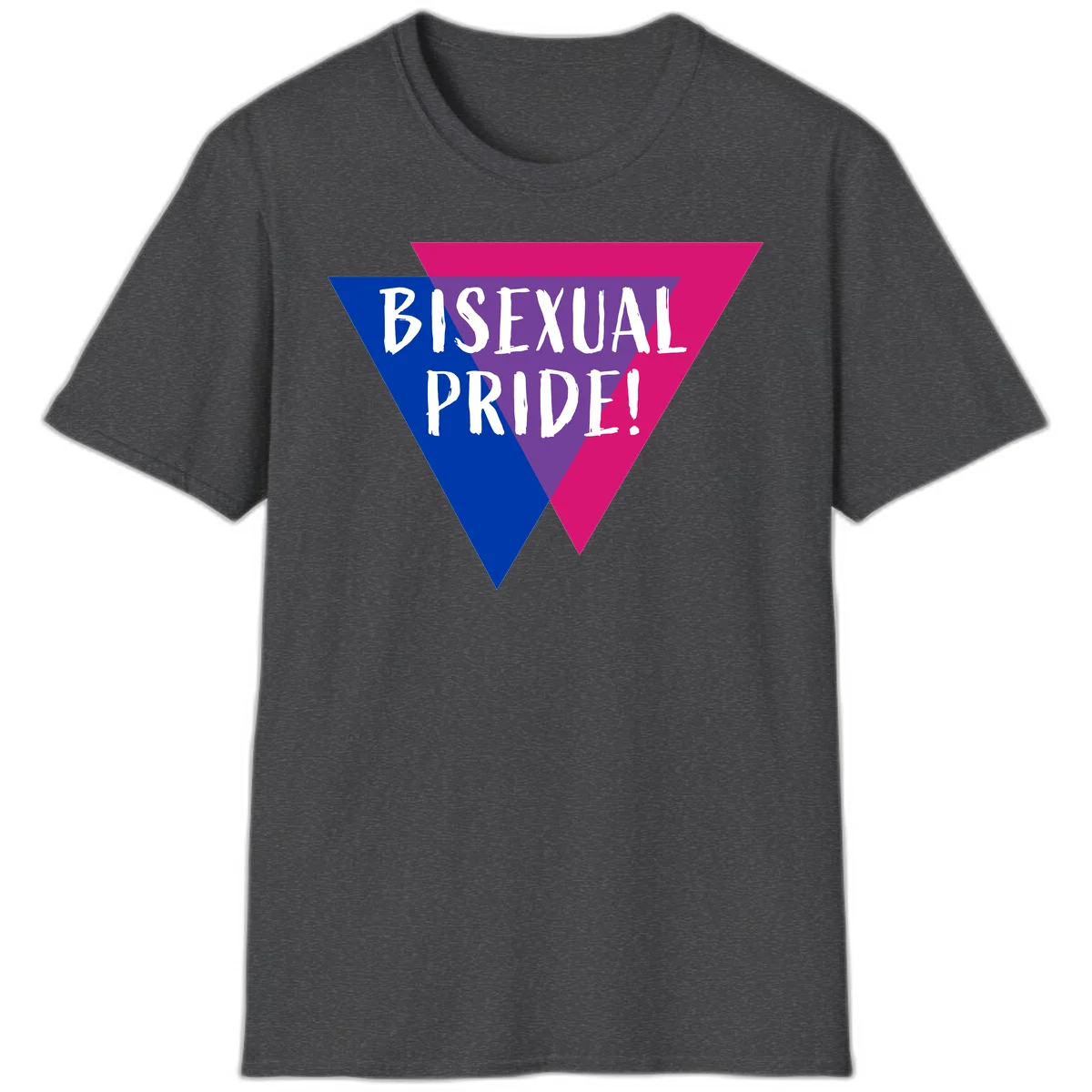 Bisexual pride flag triangle with blue, purple, and magenta sections and white text reading BISEXUAL PRIDE! in Dark Heather