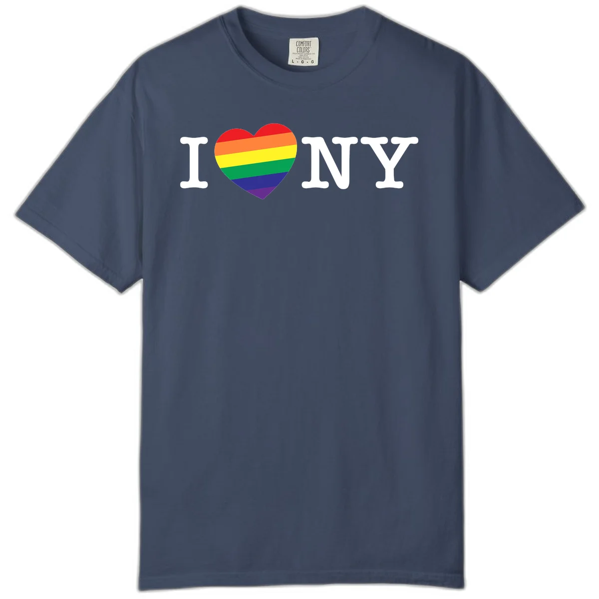 I Love New York Pride design with rainbow heart replacing the love symbol, featuring pride flag colors on gray background in Midnight