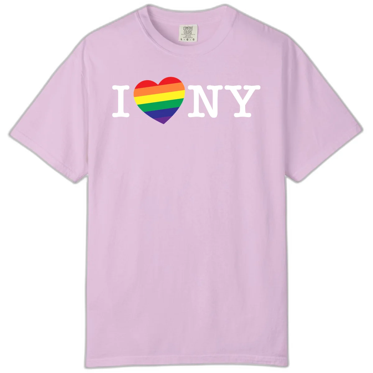 I Love New York Pride design with rainbow heart replacing the love symbol, featuring pride flag colors on gray background in Orchid
