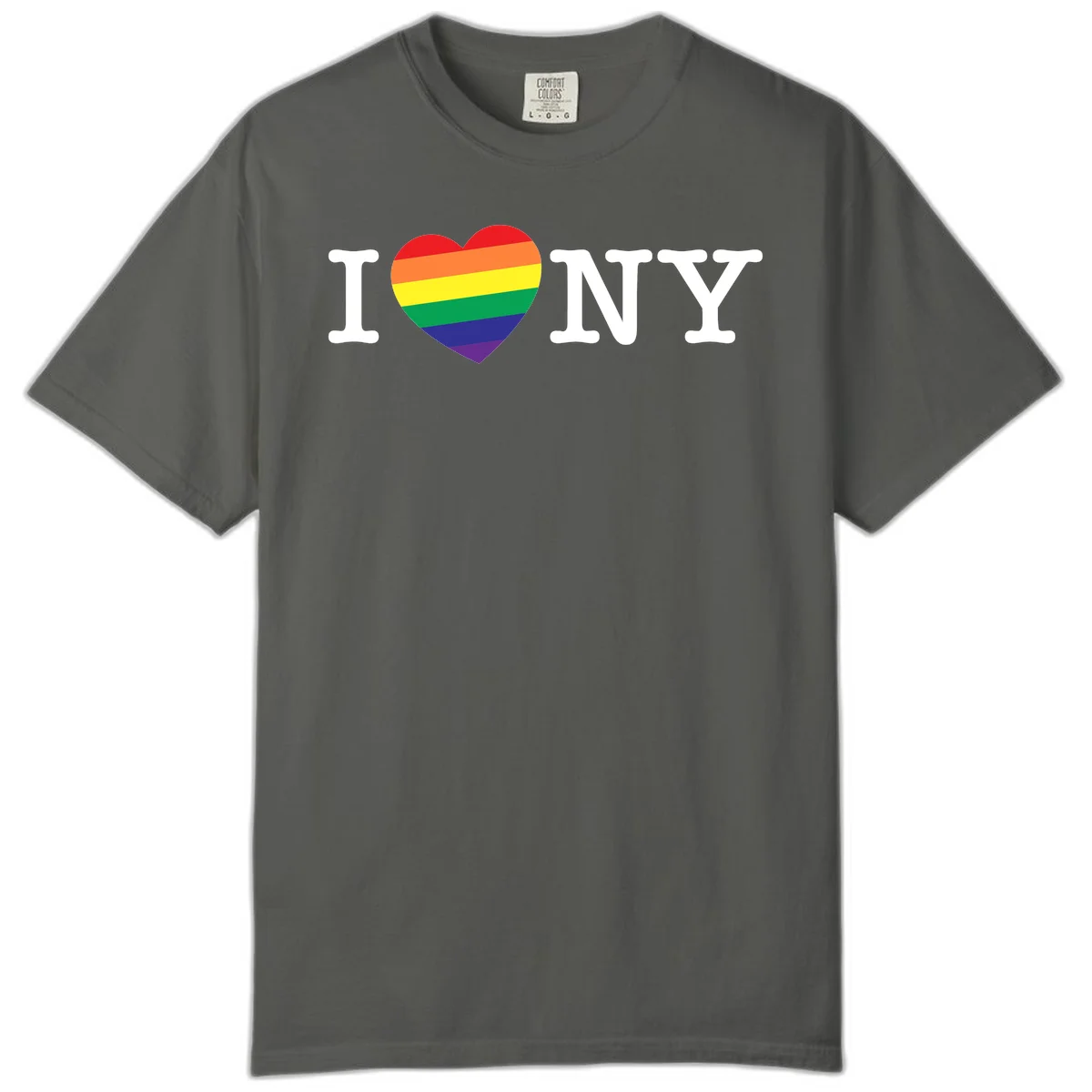 I Love New York Pride design with rainbow heart replacing the love symbol, featuring pride flag colors on gray background in Pepper