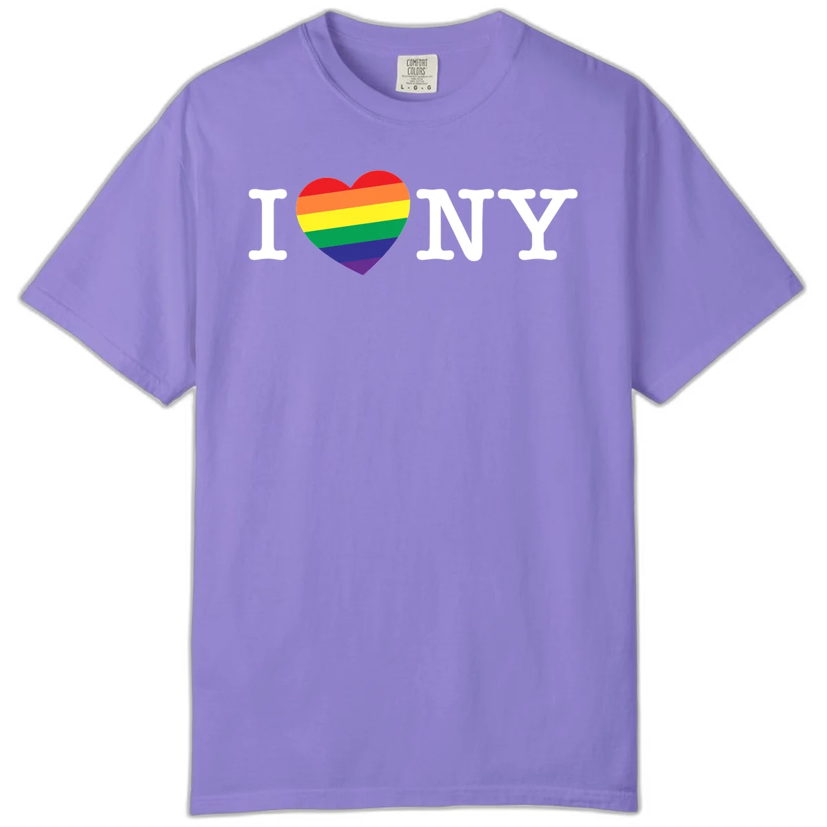 I Love New York Pride design with rainbow heart replacing the love symbol, featuring pride flag colors on gray background in Violet