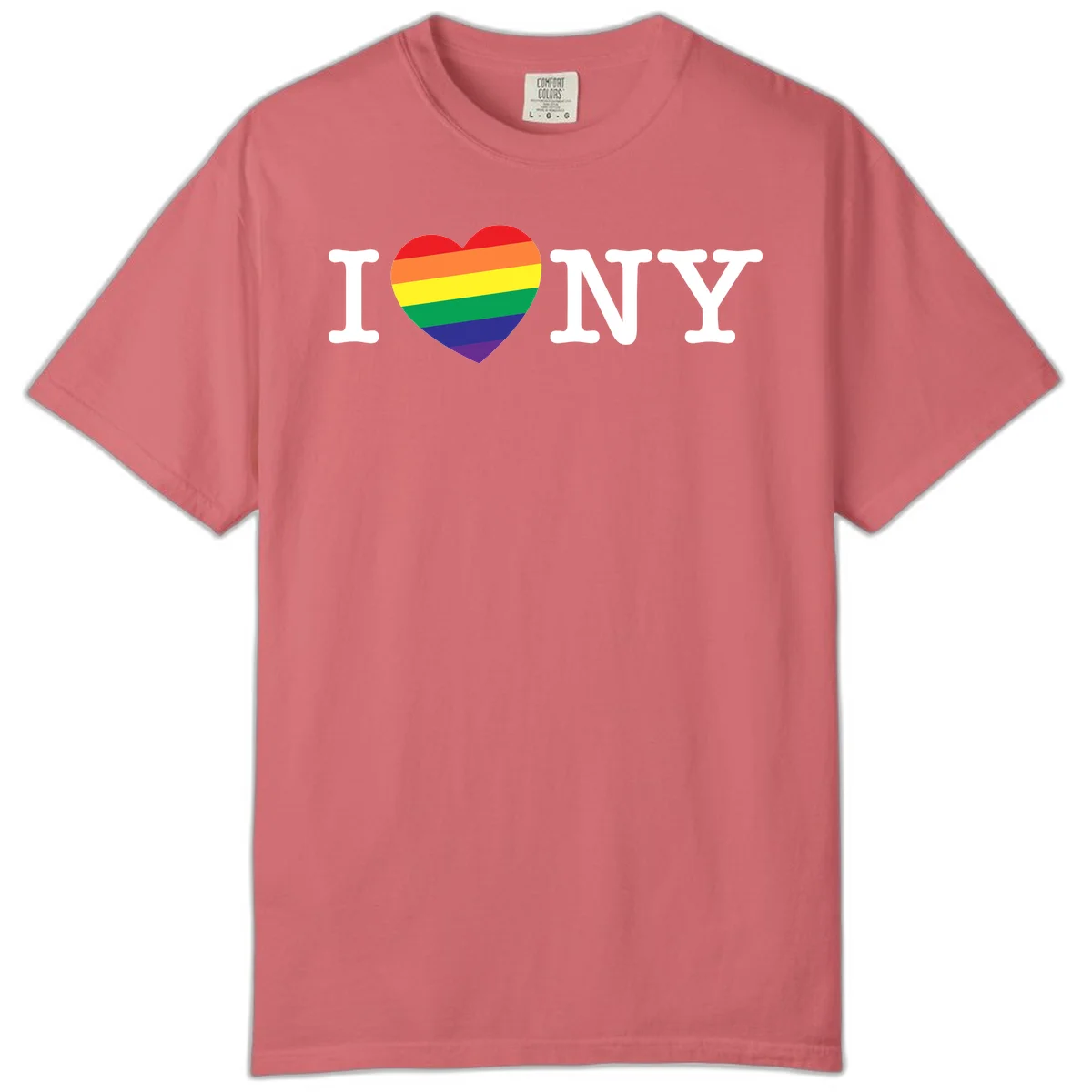 I Love New York Pride design with rainbow heart replacing the love symbol, featuring pride flag colors on gray background in Watermelon
