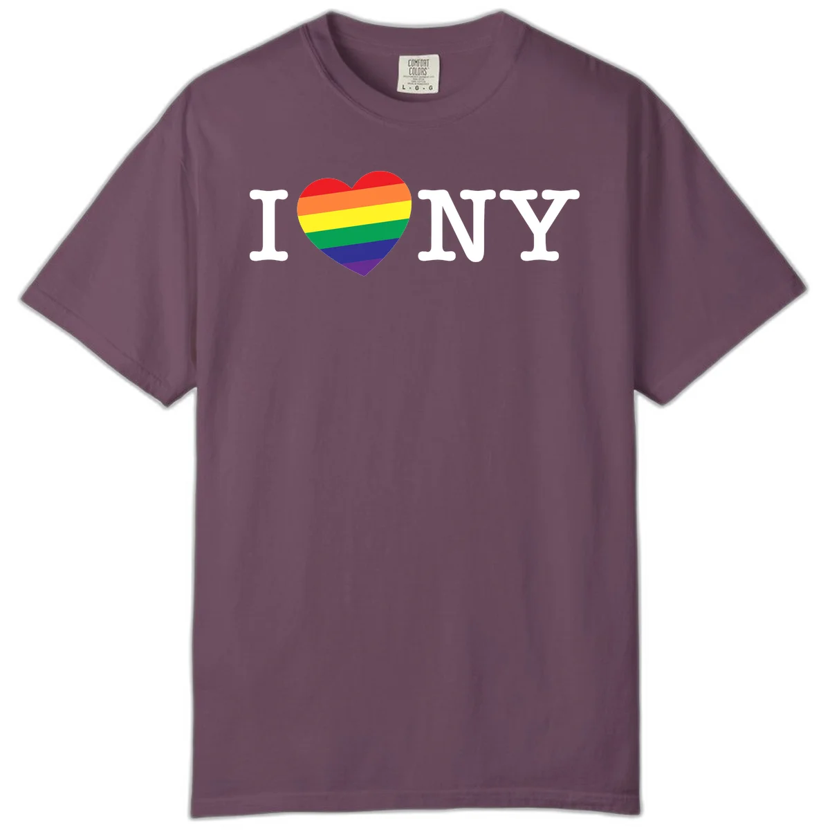 I Love New York Pride design with rainbow heart replacing the love symbol, featuring pride flag colors on gray background in Berry