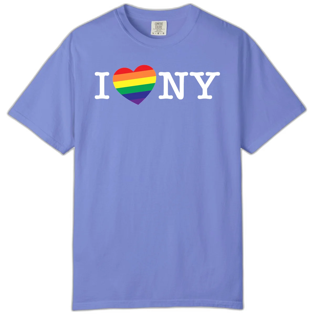 I Love New York Pride design with rainbow heart replacing the love symbol, featuring pride flag colors on gray background in Flo Blue