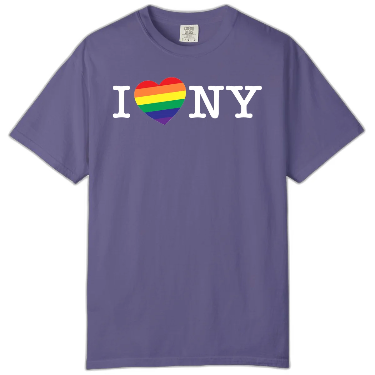 I Love New York Pride design with rainbow heart replacing the love symbol, featuring pride flag colors on gray background in Grape