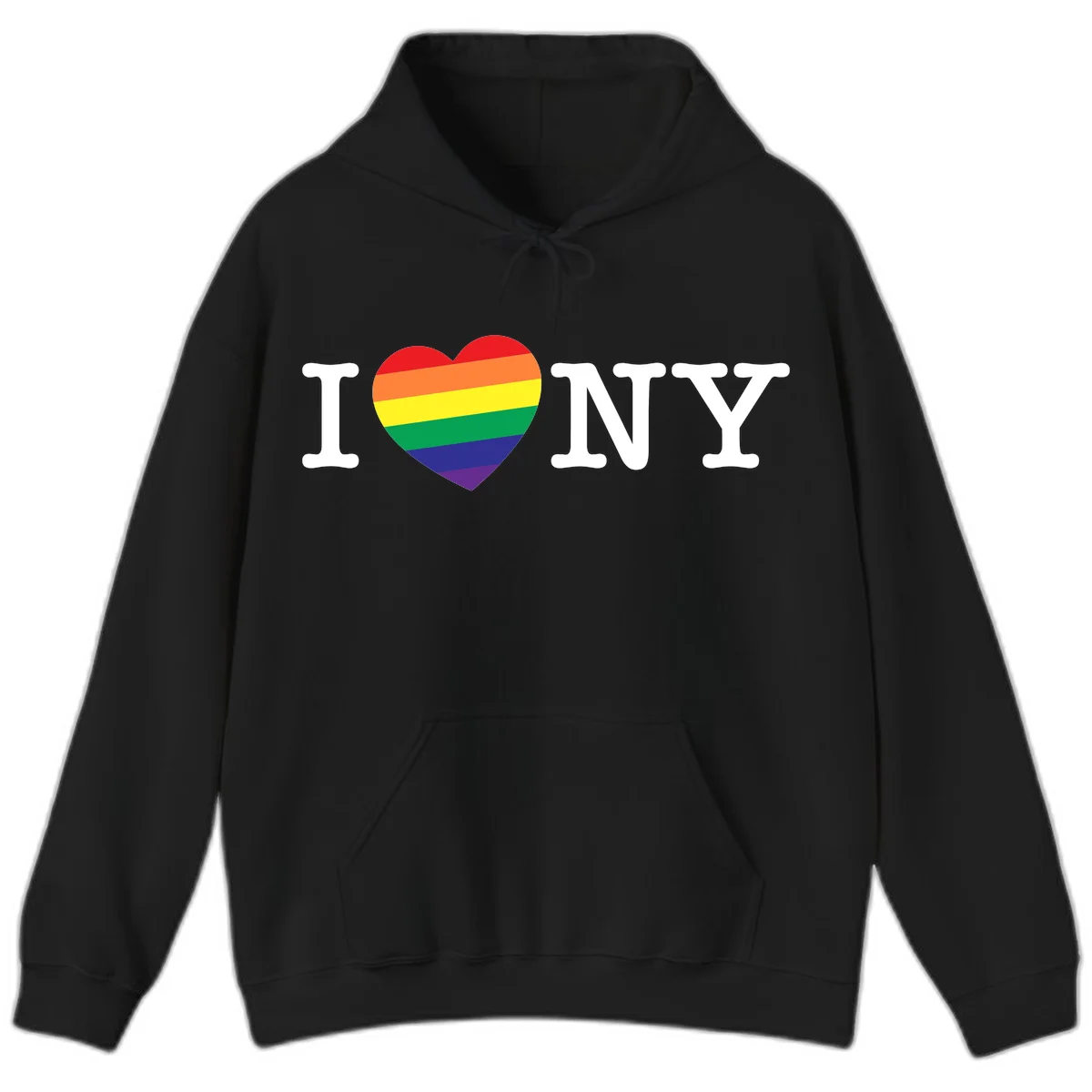 I Love New York Pride design with rainbow heart replacing the love symbol, featuring pride flag colors on gray background in Black
