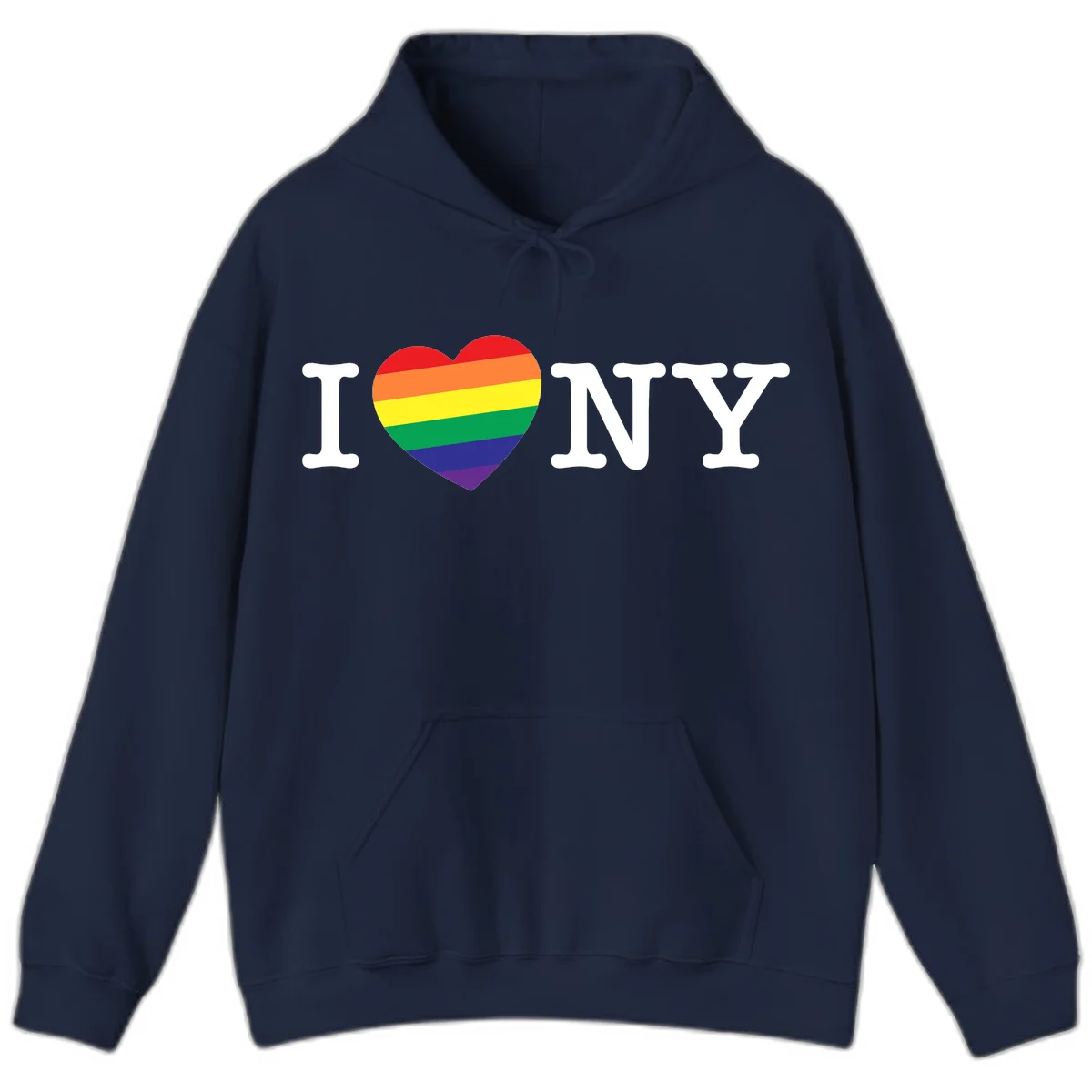 I Love New York Pride design with rainbow heart replacing the love symbol, featuring pride flag colors on gray background in Navy