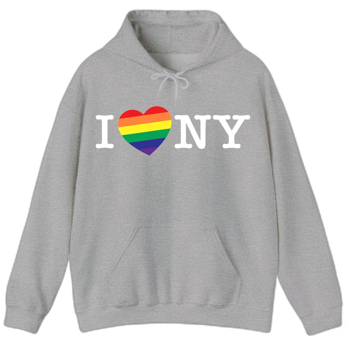 I Love New York Pride design with rainbow heart replacing the love symbol, featuring pride flag colors on gray background in Sport Grey