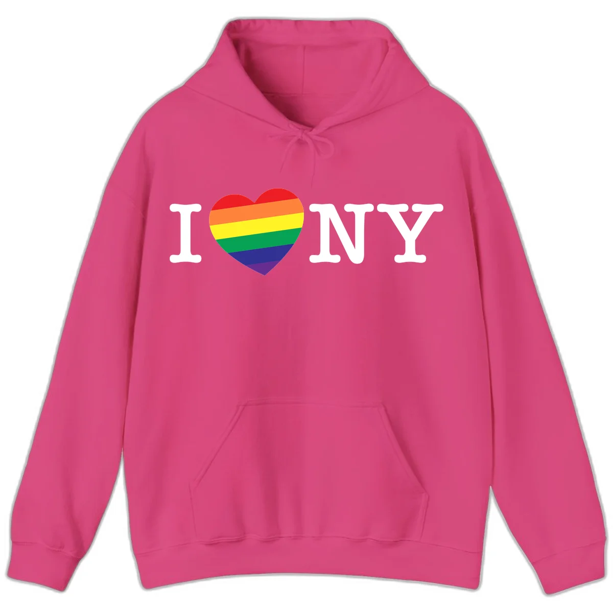 I Love New York Pride design with rainbow heart replacing the love symbol, featuring pride flag colors on gray background in Heliconia