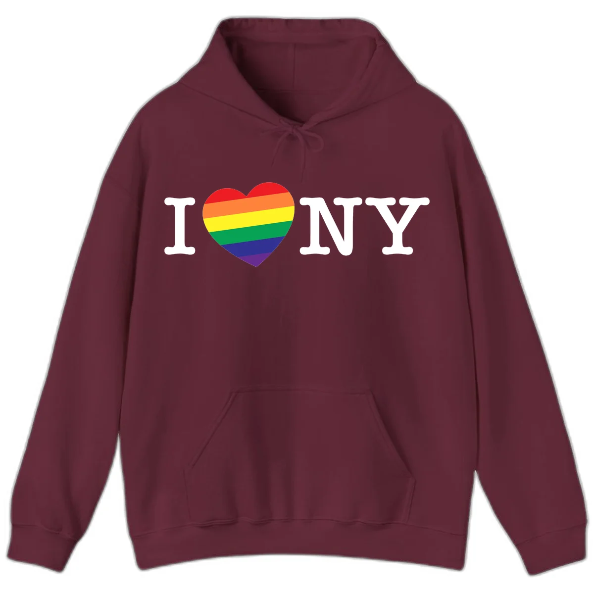I Love New York Pride design with rainbow heart replacing the love symbol, featuring pride flag colors on gray background in Maroon