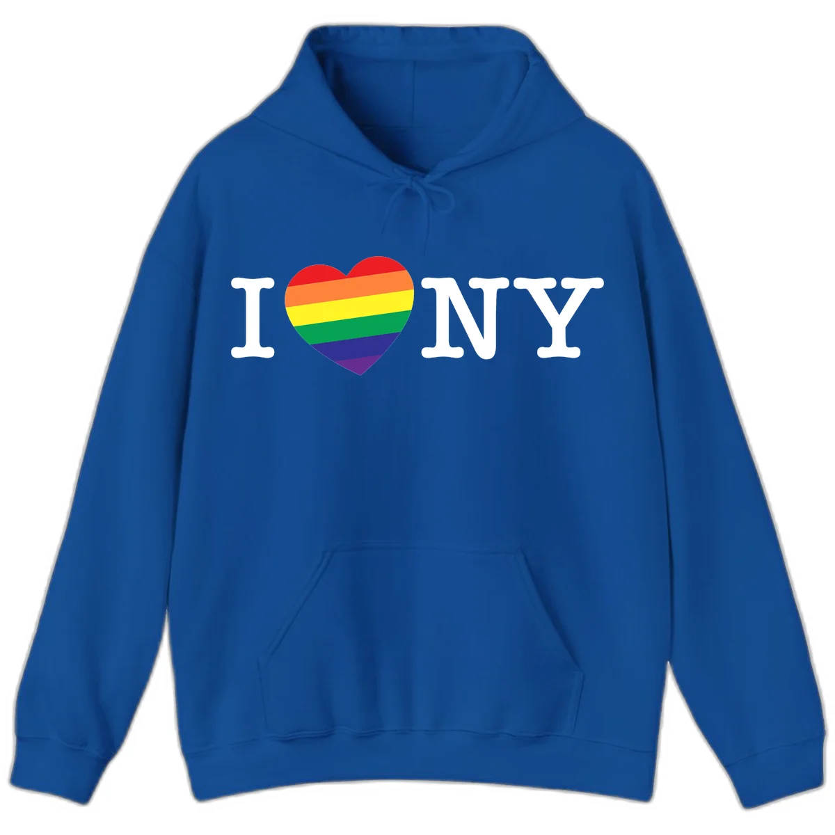 I Love New York Pride design with rainbow heart replacing the love symbol, featuring pride flag colors on gray background in Royal