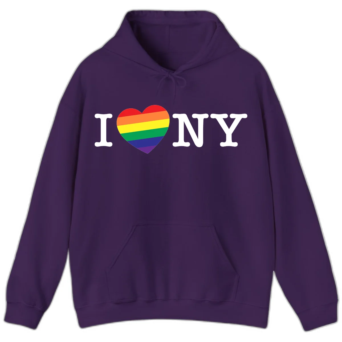 I Love New York Pride design with rainbow heart replacing the love symbol, featuring pride flag colors on gray background in Purple