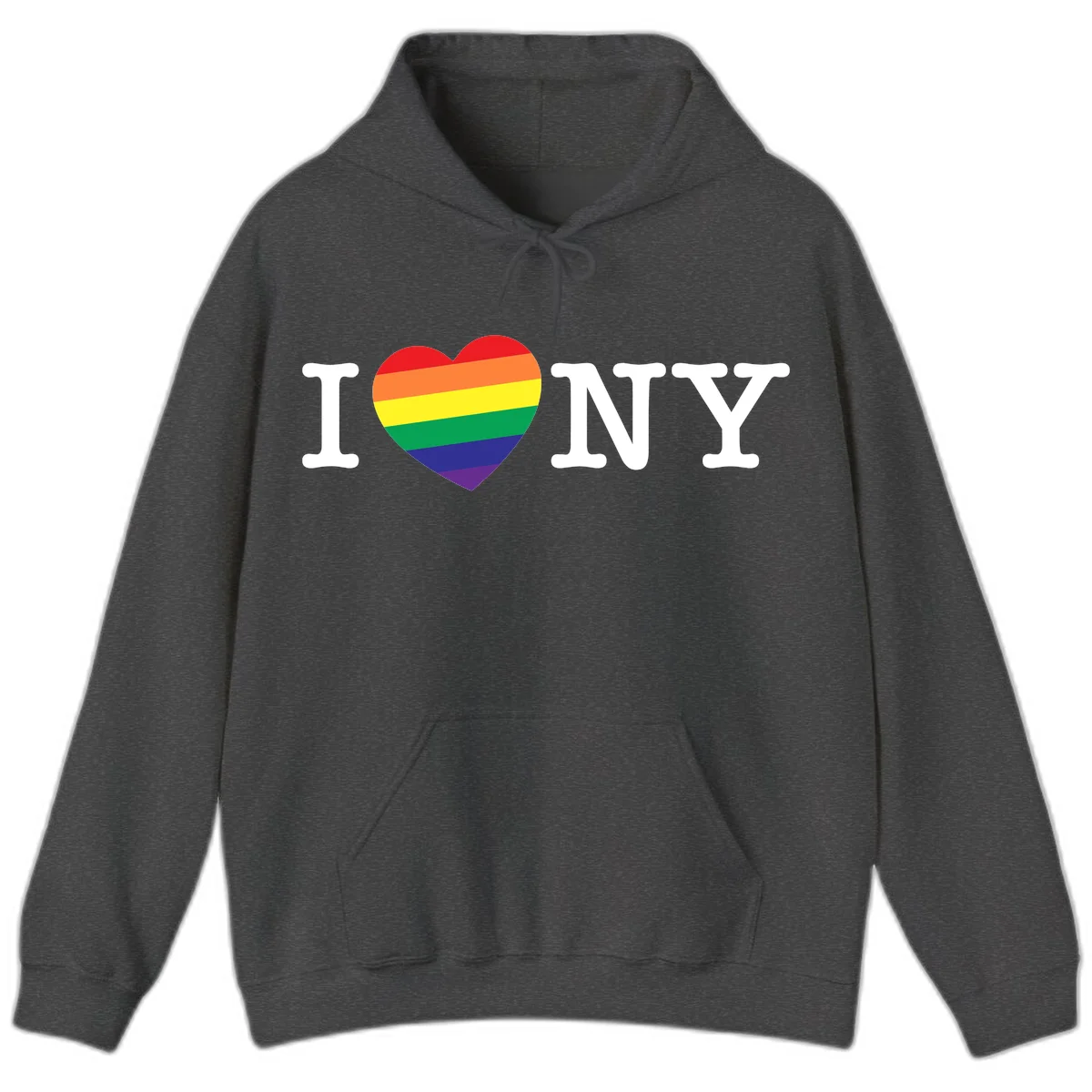 I Love New York Pride design with rainbow heart replacing the love symbol, featuring pride flag colors on gray background in Dark Heather