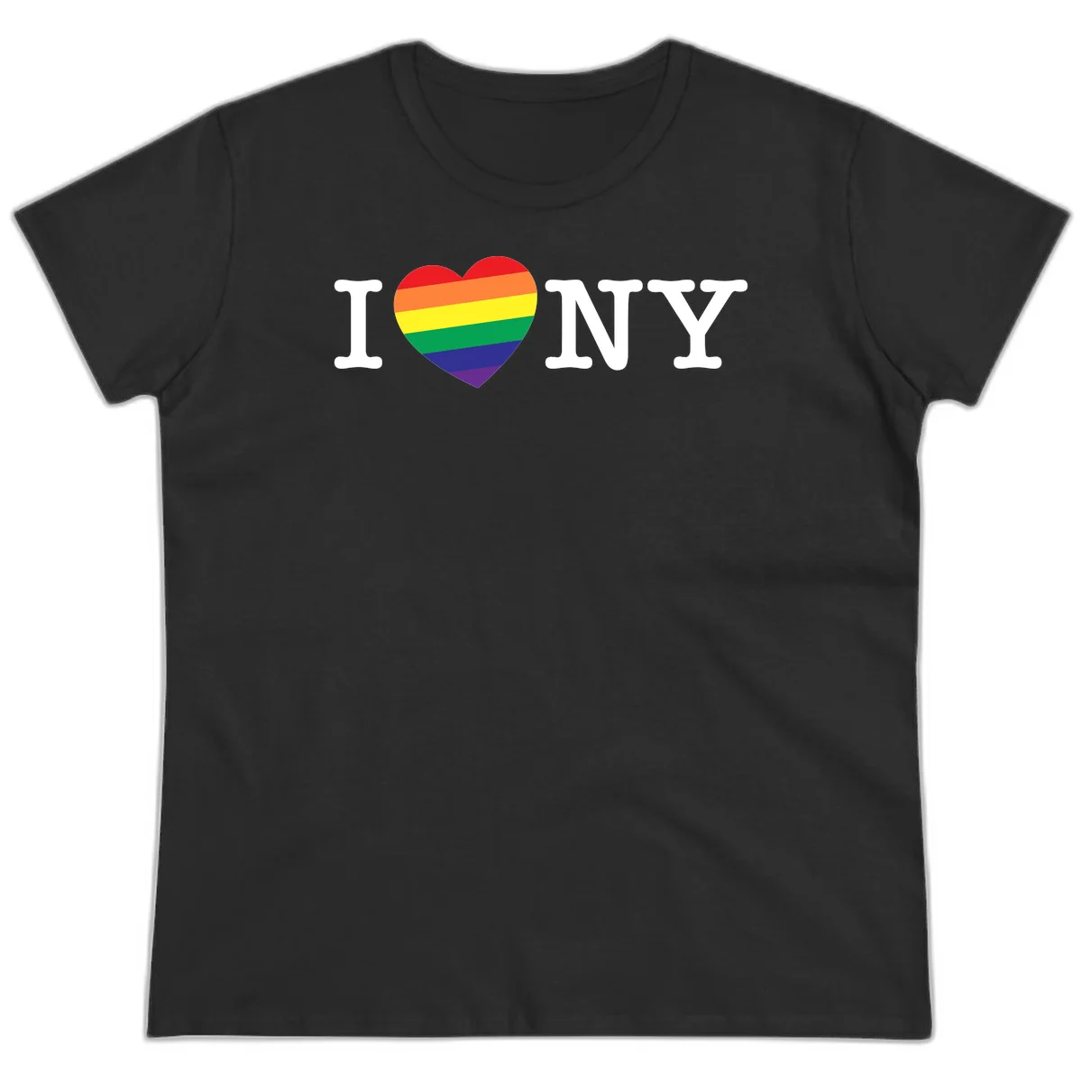 I Love New York Pride design with rainbow heart replacing the love symbol, featuring pride flag colors on gray background in Black
