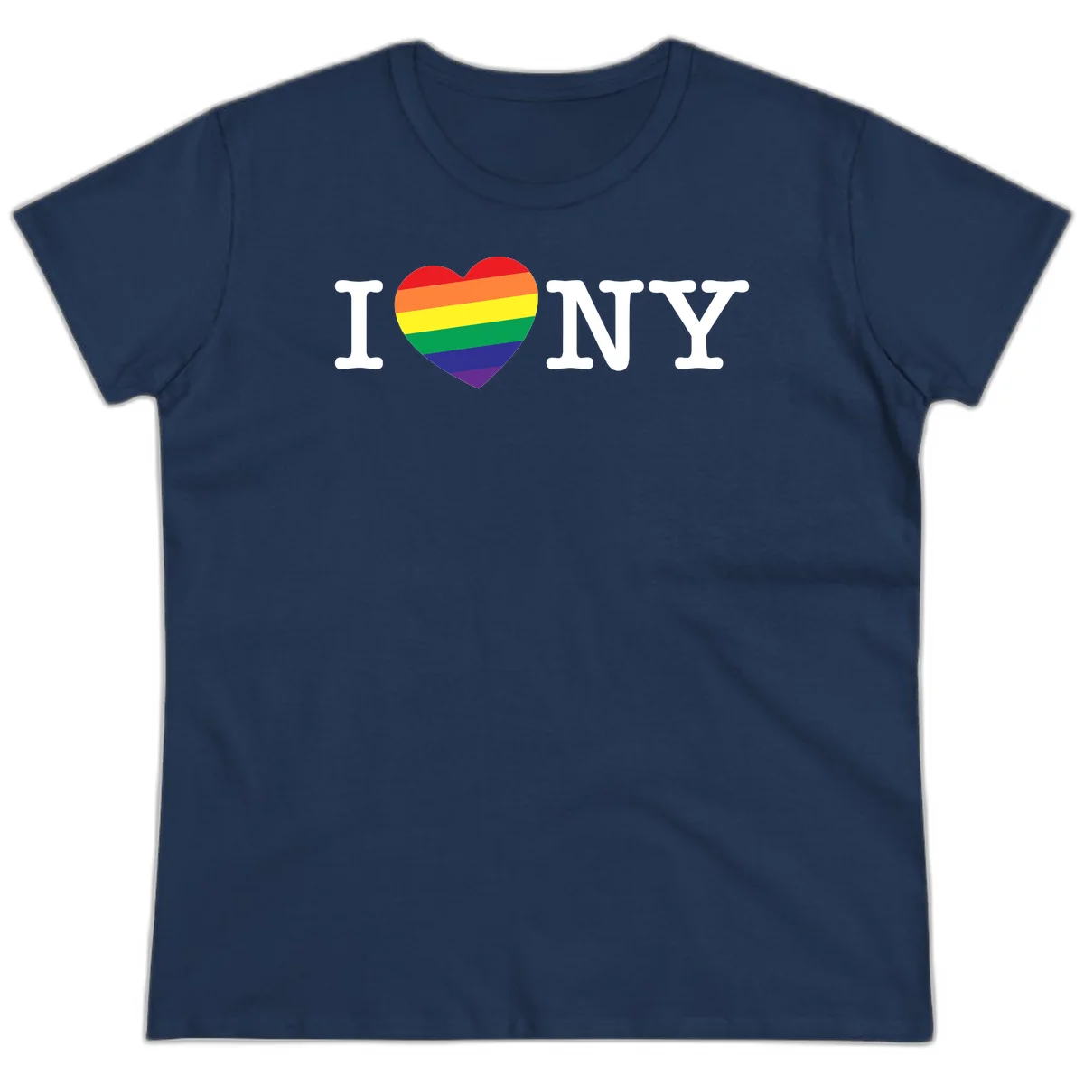 I Love New York Pride design with rainbow heart replacing the love symbol, featuring pride flag colors on gray background in Navy