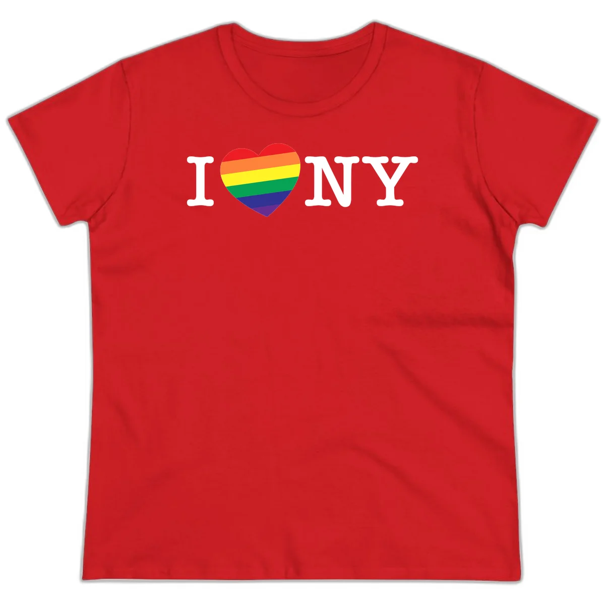 I Love New York Pride design with rainbow heart replacing the love symbol, featuring pride flag colors on gray background in Red