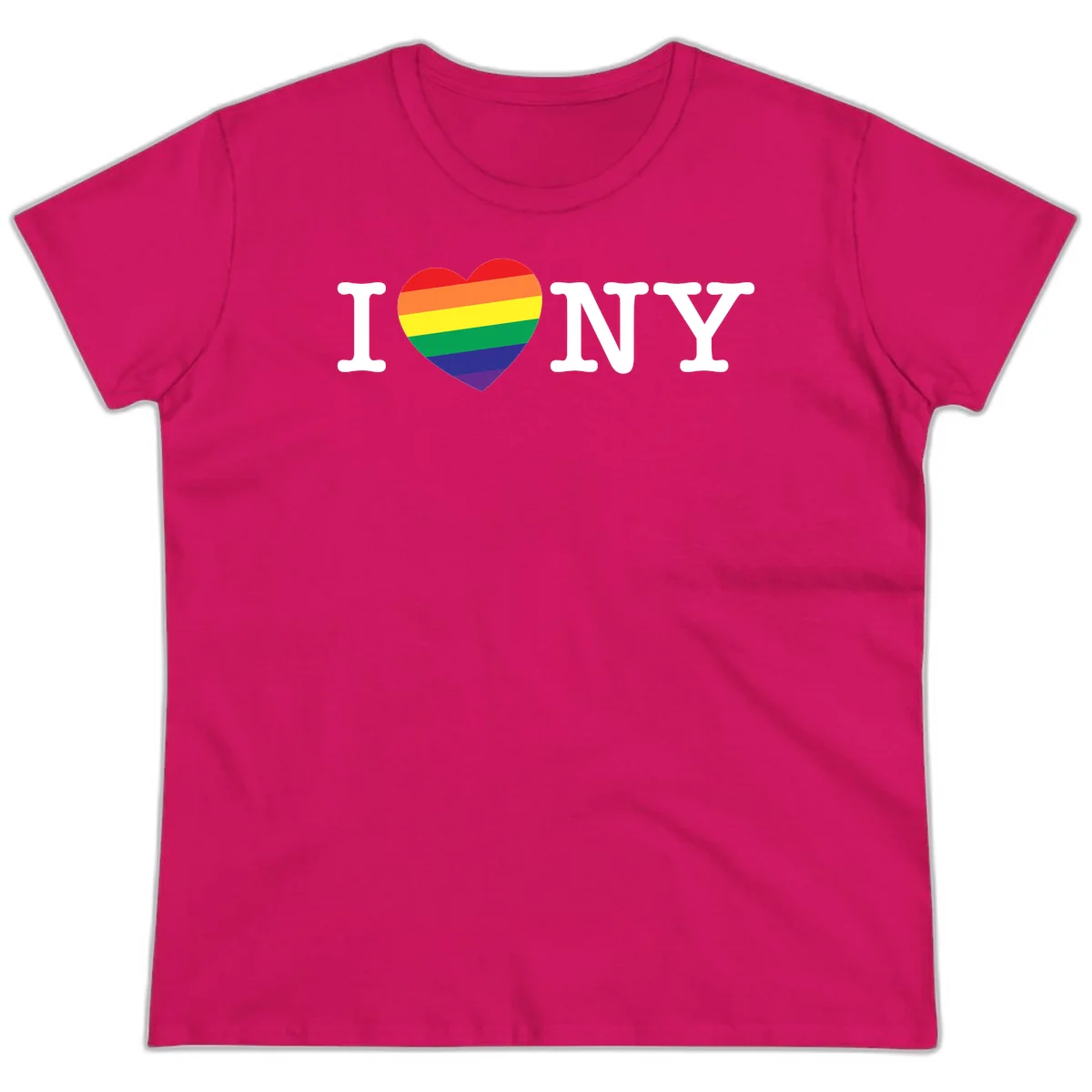 I Love New York Pride design with rainbow heart replacing the love symbol, featuring pride flag colors on gray background in Heliconia