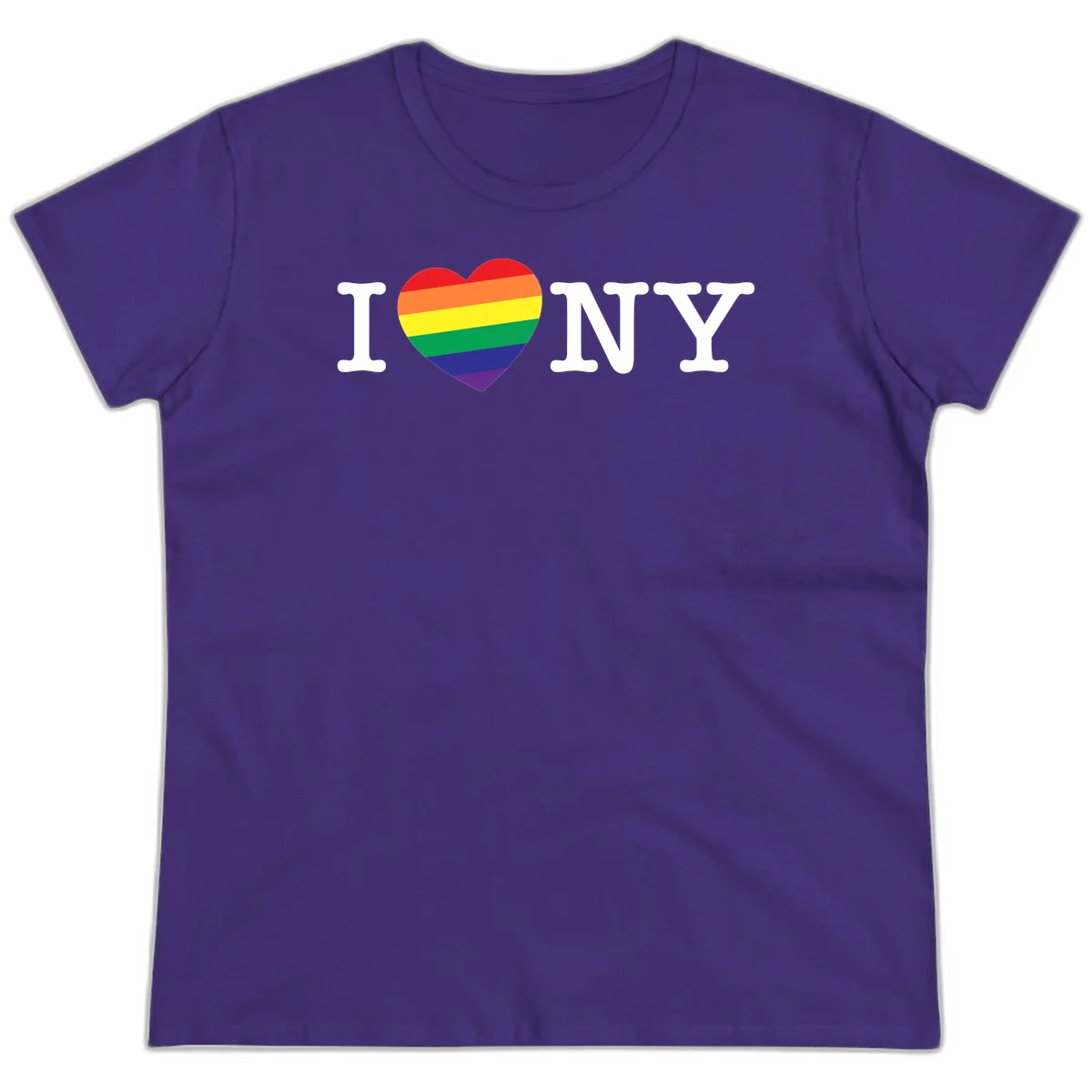 I Love New York Pride design with rainbow heart replacing the love symbol, featuring pride flag colors on gray background in Purple